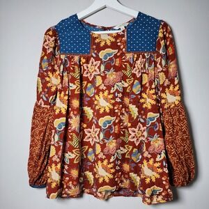 MATILDA JANE Shirt Womens Medium Garden Mums Print Paisley BOHO Top Hippie